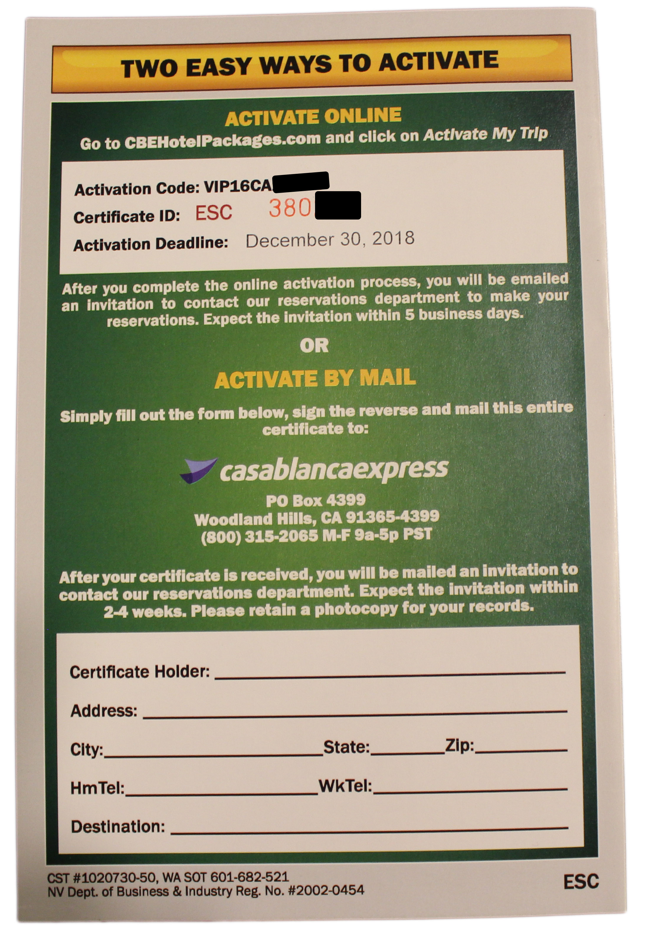 hotel certificate back